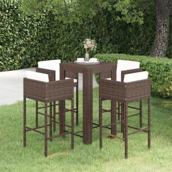 5-Piece Brown Poly Rattan Garden Bar Set with Cushions