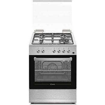 Candy New Timeless CGG655SI/E, Cocina de Gas, Horno de Gas 55L, Placa de Gas 4 Fuegos, 60CM, Pulsador Rustepollos, Altura Ajustable y Ruedas, Sistema Seguridad en Llama, Tapa de Cristal, Clase A, Inox
