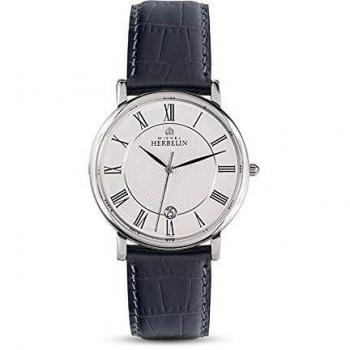 Men's Michel Herbelin Classic Quartz Watch with Date - White Dial & Black Leather Strap