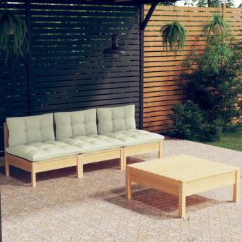 4 Piece Pinewood Garden Lounge Set with Cream Cushions
