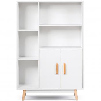 Librería de Madera con Dos Puertas y Patas para Casa Oficina, Color Blanco, Dimensiones 80 x 24 x 119 cm, Estante Lateral y Compartimentos