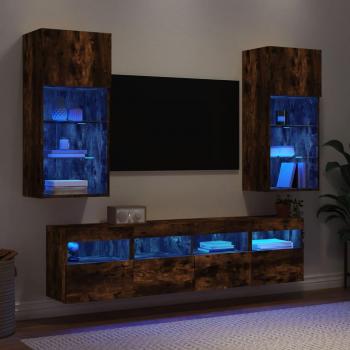 Mueble de TV de pared con LED 5 piezas en roble ahumado, fabricado en madera multicapa y madera de ingeniería