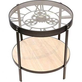 Mesa Auxiliar con Reloj Transparente y Mecanismo en Funcionamiento, Diámetro 50.5 cm, Color Negro