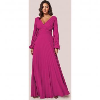 Magenta Balloon Sleeve Chiffon Maxi Dress
