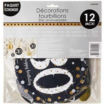 amscan 670478 Foil (12 CT) 30th Swirl Decoración Value Pack Brillante Oro (12 Piezas) -1 Paquete, Multicolor, 30