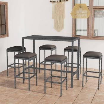 7-Piece Grey Poly Rattan Garden Bar Set with Cushions