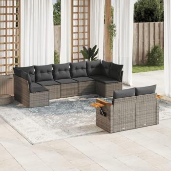 9-Piece Grey Poly Rattan Garden Sofa Set with Cushions
