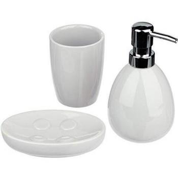 Juego de baño 3 piezas SBD Sol, blanco brillante: dispensador de jabón, vaso y jabonera de cerámica contemporánea