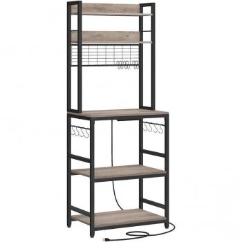 Estantería de Cocina VASAGLE con Toma de Corriente, Soporte para Microondas, 14 Ganchos, Alambre de Metal, 40 x 60 x 170 cm, Marrón Rústico y Negro