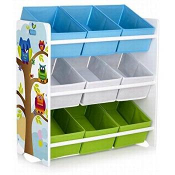 leomark Blanco Estantería De Madera - con 9 Cajas - Almacenamiento y Organización de Juguetes, Accesorios Contenedores, Altura; 68 cm, Tema: Búhos