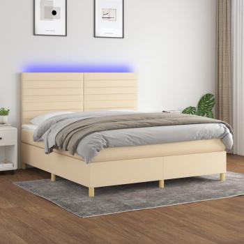 Cama box spring con colchón y luces LED, tela crema, 180x200 cm