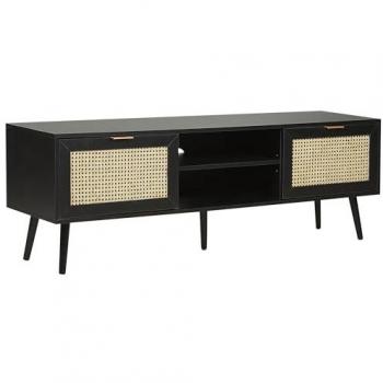 Mueble de TV negro Opoco de ratán frontal de mimbre, MDF, madera de caucho, con patas, 2 vitrinas y estantes abiertos, estilo boho