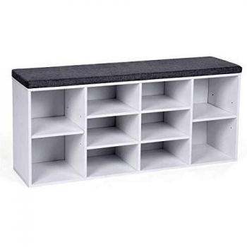 VASAGLE Banco para Zapatos, Repisa para Zapatos, Armario de Almacenamiento, 10 Compartimentos, con Cojín, para Entrada, 104 x 30 x 48 cm, Blanco LHS10WT