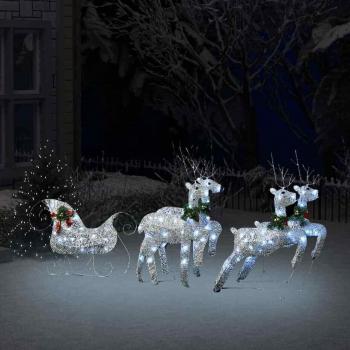 LED Light Up Reindeer Family & Sleigh Outdoor Christmas Decoration - Cold White Silver
