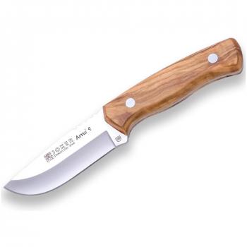 Cuchillo Bushcraft Joker Arrui 9 CO64 con hoja de 9 cm y mango de madera de olivo, incluye funda de cuero marrón - Ideal para pesca, caza, camping y senderismo
