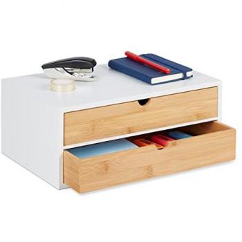 Organizador de Escritorio con 2 Cajones, Almacenamiento para Material de Oficina, Bambú y MDF, 14x33x21cm, Blanco/Natural - Relaxdays