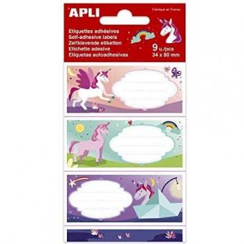 BLÍSTER 9 ETIQUETAS ESCOLARES APLI UNICORNIOS 81X36MM 18435