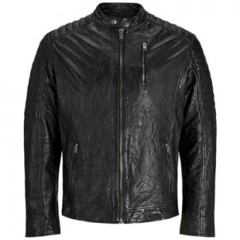 Jack & Jones Men's Black Leather Biker Jacket with Buttoned Round Collar - Size XL