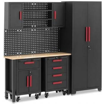 Armario Modular para Herramientas con Encimera de 132 x 42,7 x 2,5 cm, Pared Perforada y 2 Cajoneras con Ruedas y Cerradura