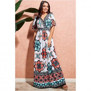 Goddiva Printed Flutter Sleeve Maxi Dress - Cream