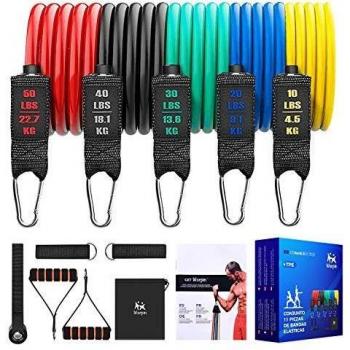 WORPIN Bandas Elásticas Gomas Fitness Cintas Musculación Tubos Entrenamiento para Deportes Interiores Exteriores, Set 11 Piezas ,Fuerza Velocidad, Gimnasio en casa