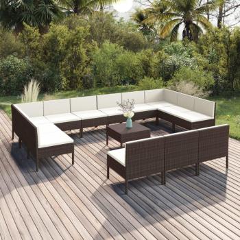 14-Piece Brown Poly Rattan Garden Lounge Set with Cushions