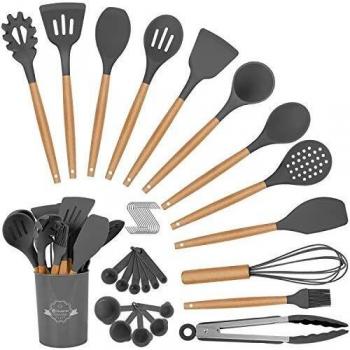 Duerer Utensilios Cocina de Silicona, juego de utensilios de cocina 36 piezas, herramienta de cocina antiadherente resistente al calor con mango de madera