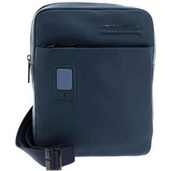Piquadro Akron Blue Leather Shoulder Bag with Pockets 22 cm
