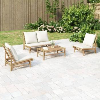 4-Piece Cream White Cushion Bamboo Garden Lounge Set