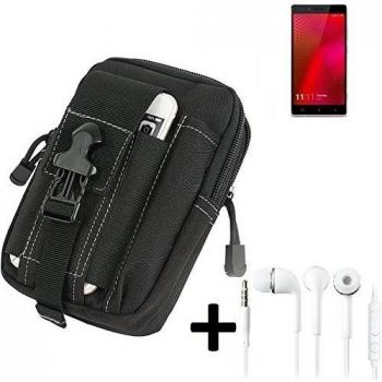 Bolsa del cinturón / funda para Alcatel One Touch Idol 2 Mini Dual SIM, negro + auriculares | compartimientos adicionales con el espacio para el banco de la energía, disco duro, etc. - K-S-Trade