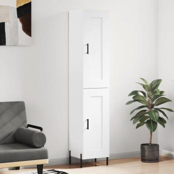 Aparador alto de madera contrachapada blanco brillo 34,5x34x180 cm con 1 puerta de madera, mueble de almacenaje para salón, buffet y armario auxiliar