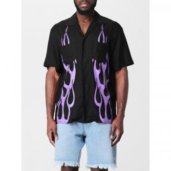 VISION OF SUPER Men's Black Short Sleeve Shirt - Size S with All Over Flames Design