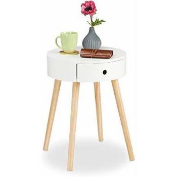 Mesa Auxiliar Redonda Escandinava con Cajón, Madera-DM, Blanco, 52 x 40 cm