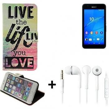 360° Funda Smartphone para Sony Xperia E4G, 'live the life you love' + auriculares | Wallet case flip cover caja bolsa Caso Monedero BookStyle - K-S-Trade