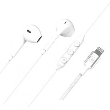 BIG BEN Auriculares de Botón Force Play con Micrófono y Control de Volumen - Sonido Estéreo, Cable Trenzado y Conexión Lightning en Color Blanco