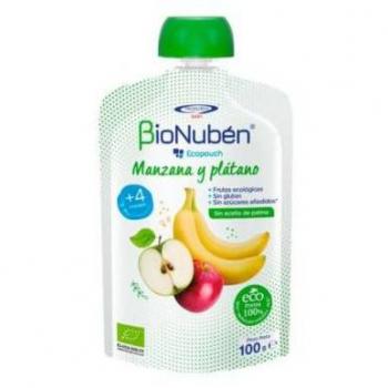 BioNubén Ecopouch Manzana y Plátano 100g - Puré de frutas orgánico, sin azúcares añadidos, 100% natural, en formato pouch, ideal para bebés y niños