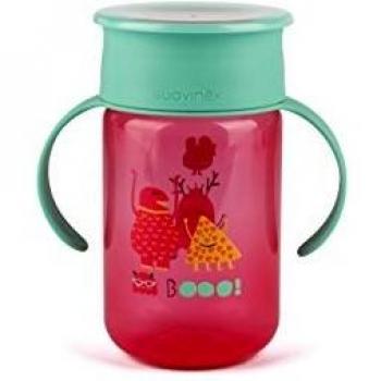 Suavinex - Vaso 360° Antiderrame Entrenamiento BOOO 340ml. Válvula Anti Goteo. Con Asas Removibles, Color Rosa
