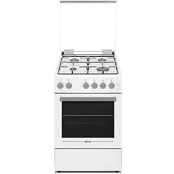 Candy New Timeless CCGG512SW/E, Cocina de Gas, Horno de Gas 43L, Placa de Gas 4 Fuegos, 50CM, Pulsador Rustepollos, Altura Ajustable y Ruedas, Sistema Seguridad Llama, Tapa Cristal, Clase A, Blanco