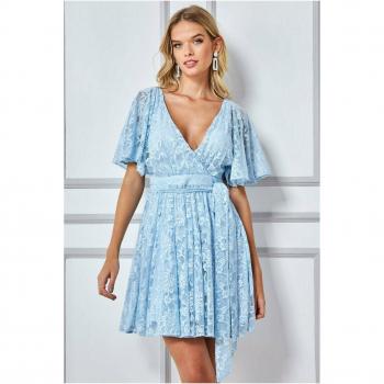 Goddiva Lace Kimono Wrap Skater Mini Dress - Powder Blue, Size 10 UK