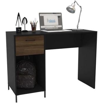 Escritorio Santa Monica 110 cm Roble Oscuro y Negro con 1 Cajón de Gran Almacenamiento en Melamina Resistente