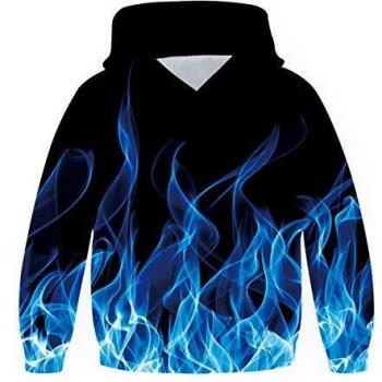 Freshhoodies Unisexo Sudaderas con Capucha Niños Niñas 3D Fuego Gráfico Sudaderas con Capucha de Manga Larga Sudaderas con Grandes Bolsillos Azul 10-13 Años