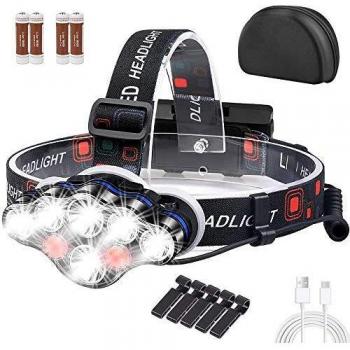 SaponinTree Linterna Frontal LED USB Recargable, 8 LED Linterna Cabeza con 8 Modos y Luz Roja de Advertencia, Impermeable Linternas Frontales Super Brillante IPX4 para Pesca, Bicicleta