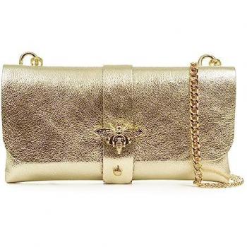 Bolso Bandolera Mujer Amaseno de Piel Auténtica Gamuza Lacada Color Oro - Made in Italy