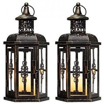 Set of 2 Decorative Lanterns 25.4cm High Vintage Style Hanging Lantern Metal Candleholder Black with Gold Brush