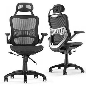 Komene - Silla de Oficina Ergonómica con Reposabrazos Abatibles, Altura Ajustable, Reposacabezas y Respaldo de Malla, Silla de Escritorio Giratoria Ejecutiva