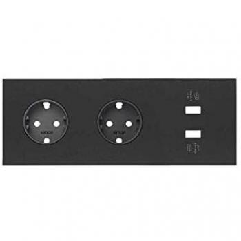 Kit frontal Simon 100 de 2 elementos con 2 bases enchufe Schuko y 2 cargadores USB integrados en color negro mate