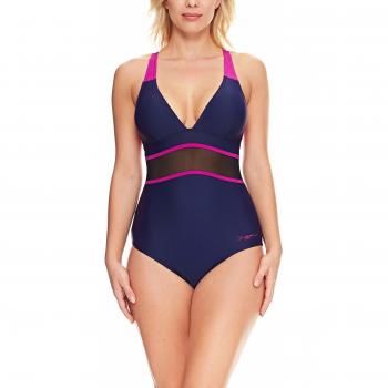 Zoggs - Bañador para mujer, diseño azteca, malla, espalda en X, mujer, Modern Aztec Mesh X Over, Navy/Purple/Black, 38