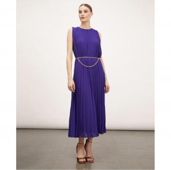 Vestido Largo Plisado con Escote Redondo y Sin Mangas