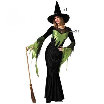 Disfraz de Bruja Verde Elegante para mujer - Disfraz de bruja, color verde, diseño elegante, incluye vestido largo con detalles en negro y sombrero a juego