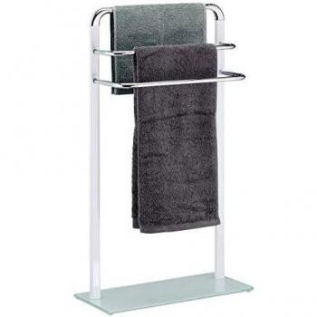 Toallero de Pie Relaxdays, 3 Barras, Metal Cromado y Cristal Esmerilado, Blanco-Plateado, 80x45x20 cm